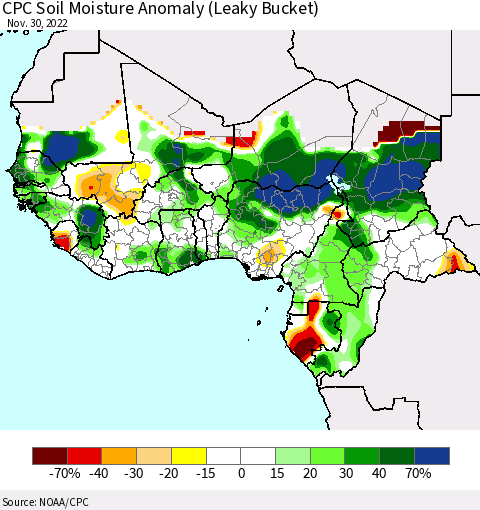 Western Africa CPC Soil Moisture Anomaly (Leaky Bucket) Thematic Map For 11/26/2022 - 11/30/2022