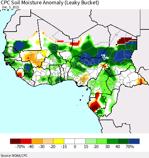 Western Africa CPC Soil Moisture Anomaly (Leaky Bucket) Thematic Map For 12/1/2022 - 12/5/2022