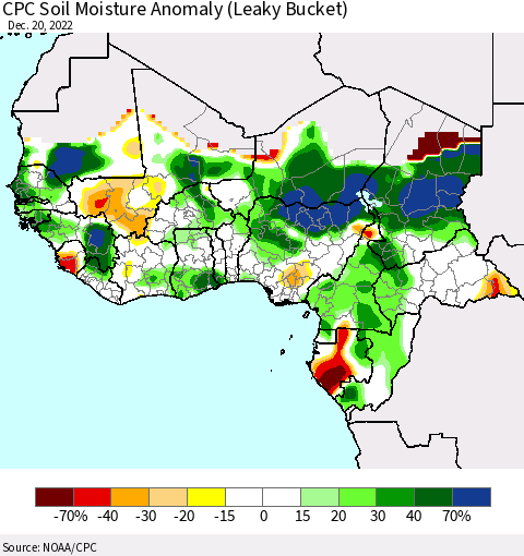 Western Africa CPC Soil Moisture Anomaly (Leaky Bucket) Thematic Map For 12/16/2022 - 12/20/2022