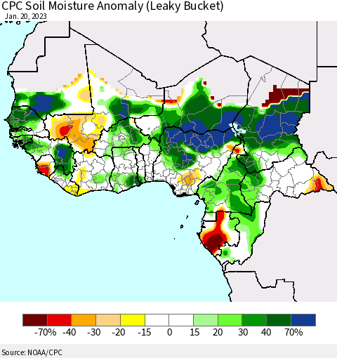 Western Africa CPC Soil Moisture Anomaly (Leaky Bucket) Thematic Map For 1/16/2023 - 1/20/2023