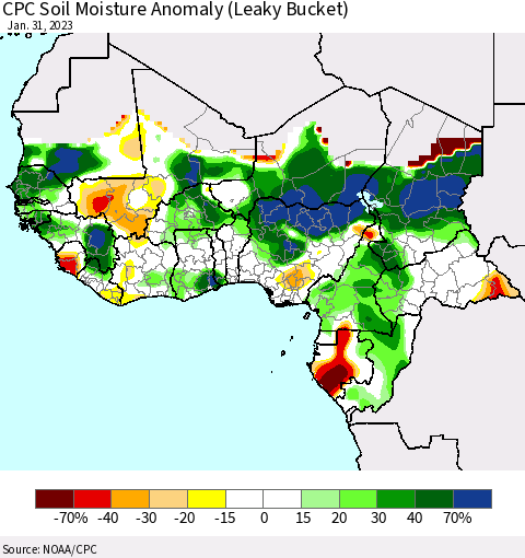 Western Africa CPC Soil Moisture Anomaly (Leaky Bucket) Thematic Map For 1/26/2023 - 1/31/2023