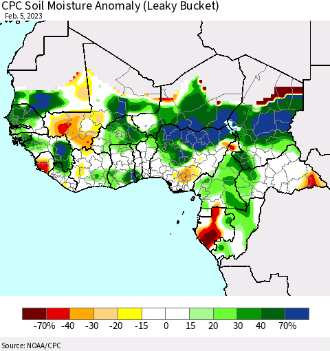 Western Africa CPC Soil Moisture Anomaly (Leaky Bucket) Thematic Map For 2/1/2023 - 2/5/2023