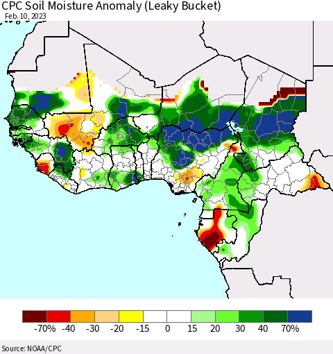 Western Africa CPC Soil Moisture Anomaly (Leaky Bucket) Thematic Map For 2/6/2023 - 2/10/2023