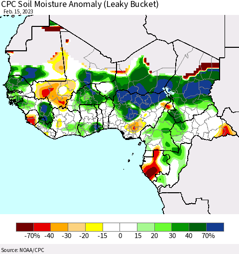 Western Africa CPC Soil Moisture Anomaly (Leaky Bucket) Thematic Map For 2/11/2023 - 2/15/2023