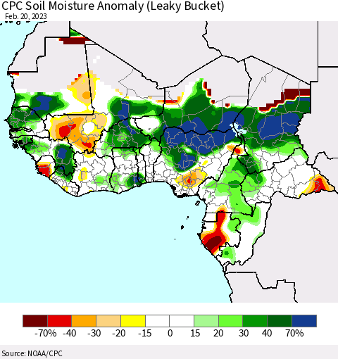 Western Africa CPC Soil Moisture Anomaly (Leaky Bucket) Thematic Map For 2/16/2023 - 2/20/2023