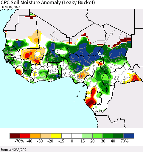 Western Africa CPC Soil Moisture Anomaly (Leaky Bucket) Thematic Map For 3/6/2023 - 3/10/2023