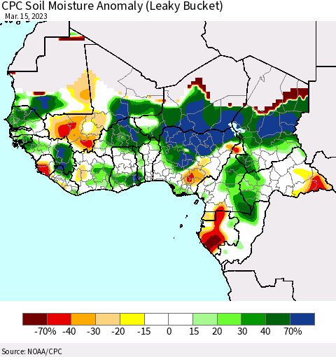 Western Africa CPC Soil Moisture Anomaly (Leaky Bucket) Thematic Map For 3/11/2023 - 3/15/2023