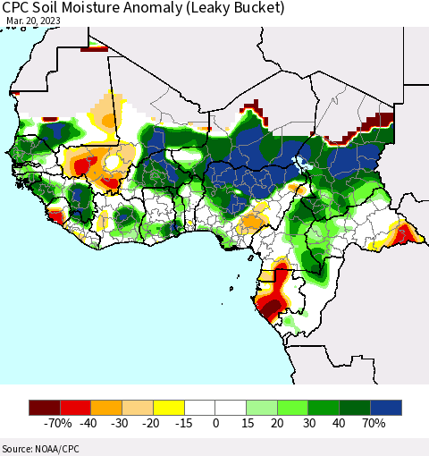 Western Africa CPC Soil Moisture Anomaly (Leaky Bucket) Thematic Map For 3/16/2023 - 3/20/2023
