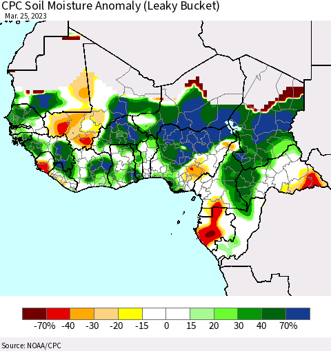 Western Africa CPC Soil Moisture Anomaly (Leaky Bucket) Thematic Map For 3/21/2023 - 3/25/2023