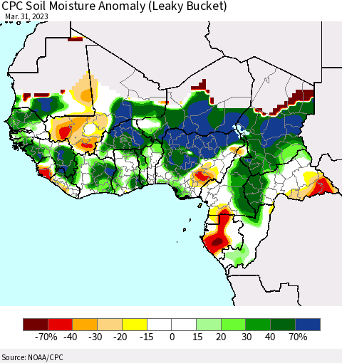 Western Africa CPC Soil Moisture Anomaly (Leaky Bucket) Thematic Map For 3/26/2023 - 3/31/2023