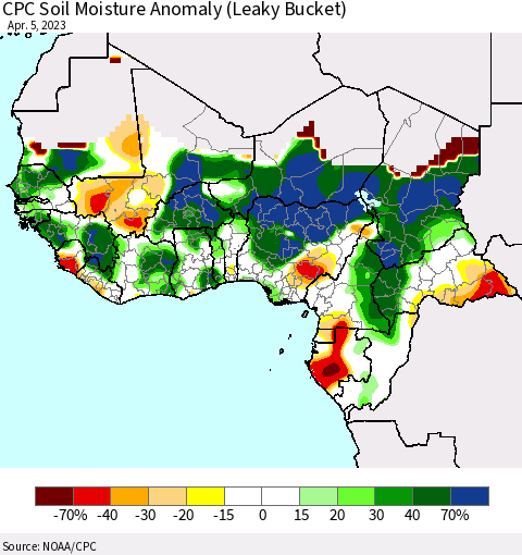 Western Africa CPC Soil Moisture Anomaly (Leaky Bucket) Thematic Map For 4/1/2023 - 4/5/2023