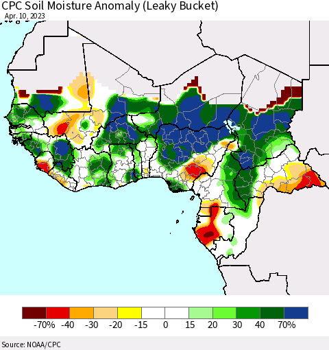 Western Africa CPC Soil Moisture Anomaly (Leaky Bucket) Thematic Map For 4/6/2023 - 4/10/2023