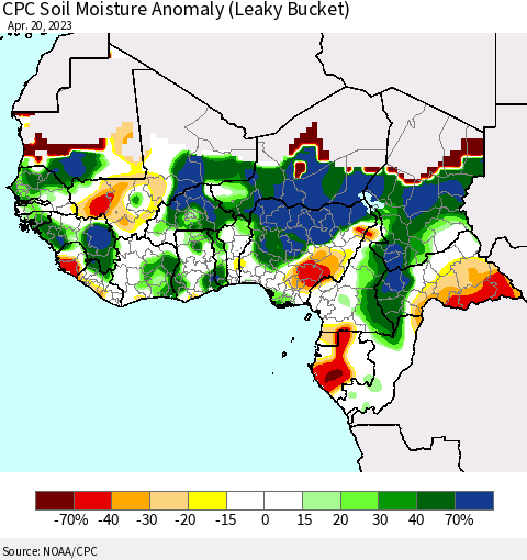 Western Africa CPC Soil Moisture Anomaly (Leaky Bucket) Thematic Map For 4/16/2023 - 4/20/2023
