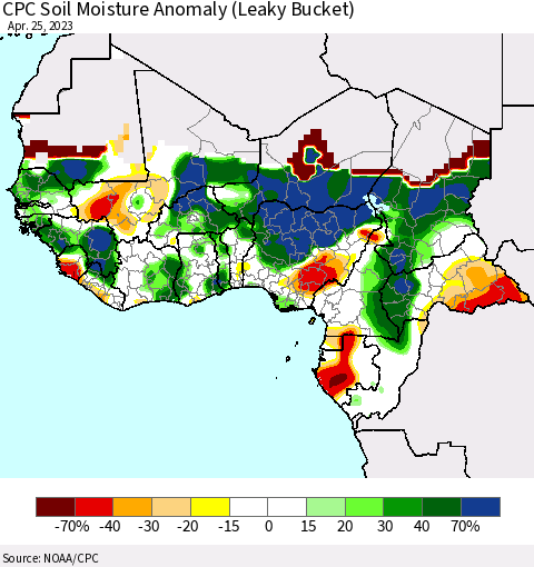 Western Africa CPC Soil Moisture Anomaly (Leaky Bucket) Thematic Map For 4/21/2023 - 4/25/2023