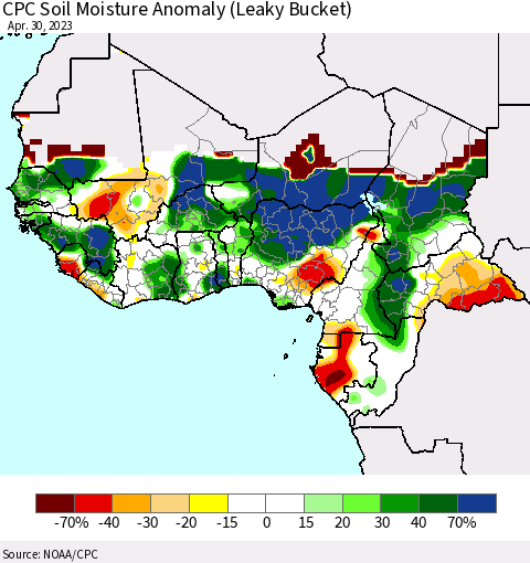 Western Africa CPC Soil Moisture Anomaly (Leaky Bucket) Thematic Map For 4/26/2023 - 4/30/2023