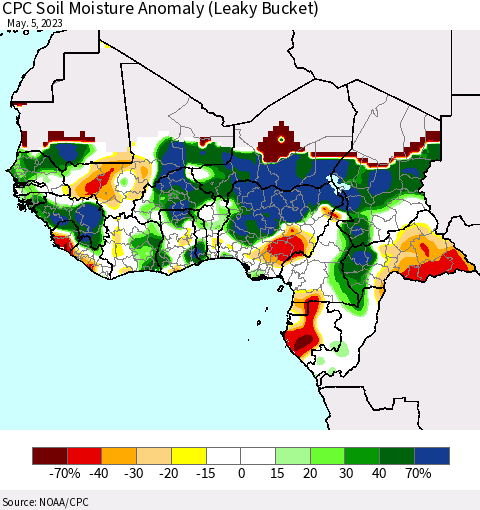 Western Africa CPC Soil Moisture Anomaly (Leaky Bucket) Thematic Map For 5/1/2023 - 5/5/2023