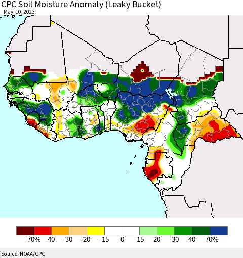 Western Africa CPC Soil Moisture Anomaly (Leaky Bucket) Thematic Map For 5/6/2023 - 5/10/2023