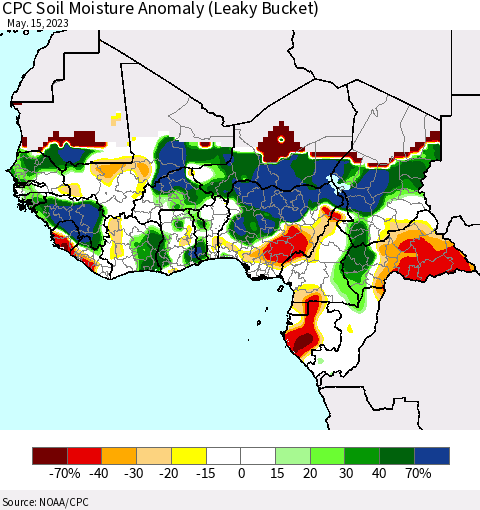 Western Africa CPC Soil Moisture Anomaly (Leaky Bucket) Thematic Map For 5/11/2023 - 5/15/2023