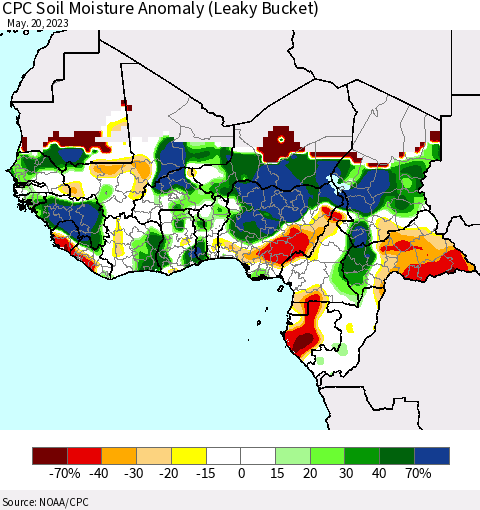 Western Africa CPC Soil Moisture Anomaly (Leaky Bucket) Thematic Map For 5/16/2023 - 5/20/2023