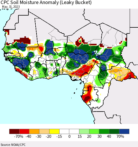 Western Africa CPC Soil Moisture Anomaly (Leaky Bucket) Thematic Map For 5/26/2023 - 5/31/2023