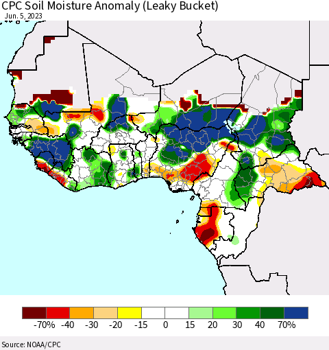 Western Africa CPC Soil Moisture Anomaly (Leaky Bucket) Thematic Map For 6/1/2023 - 6/5/2023