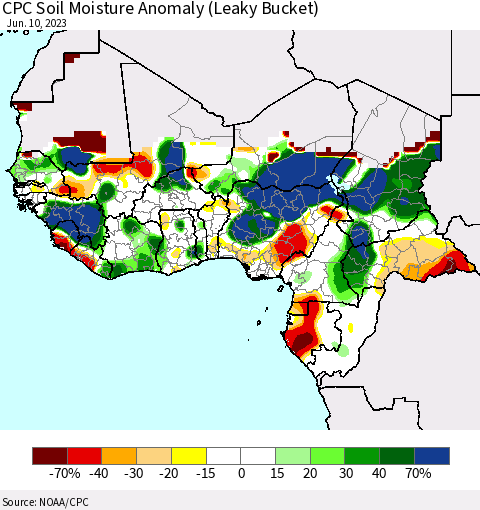 Western Africa CPC Soil Moisture Anomaly (Leaky Bucket) Thematic Map For 6/6/2023 - 6/10/2023