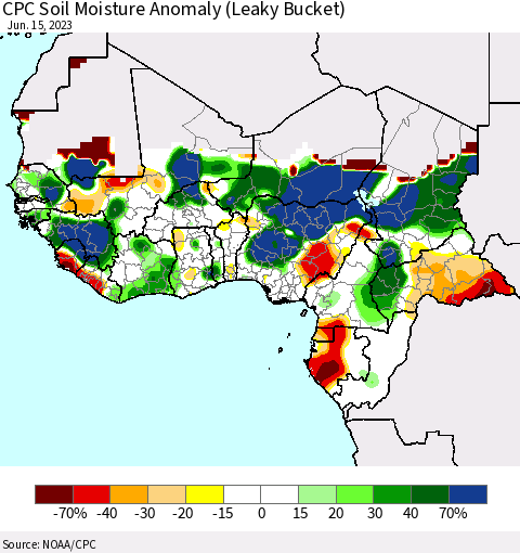 Western Africa CPC Soil Moisture Anomaly (Leaky Bucket) Thematic Map For 6/11/2023 - 6/15/2023