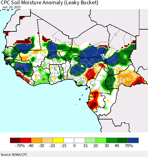 Western Africa CPC Soil Moisture Anomaly (Leaky Bucket) Thematic Map For 6/16/2023 - 6/20/2023