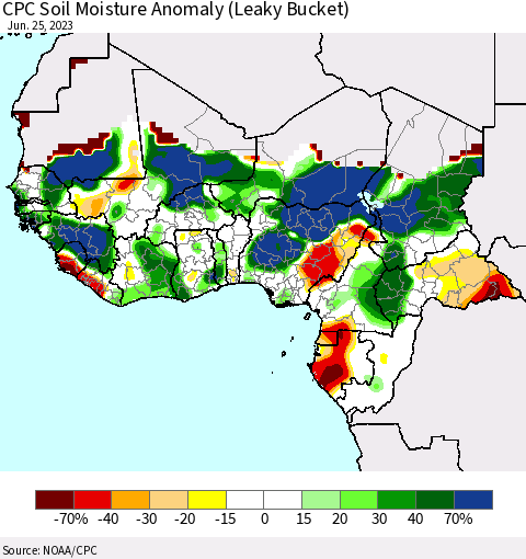 Western Africa CPC Soil Moisture Anomaly (Leaky Bucket) Thematic Map For 6/21/2023 - 6/25/2023