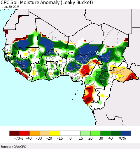 Western Africa CPC Soil Moisture Anomaly (Leaky Bucket) Thematic Map For 6/26/2023 - 6/30/2023