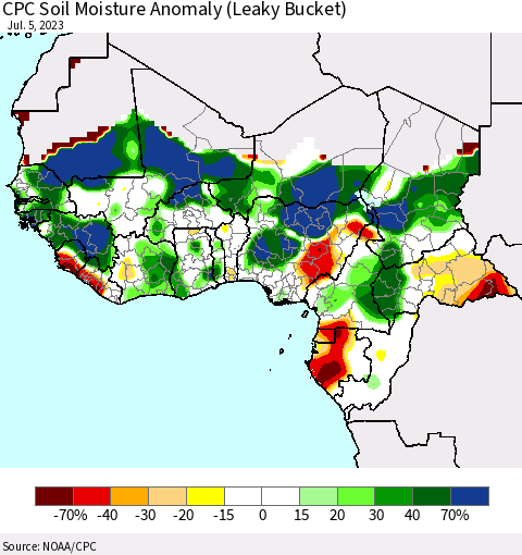 Western Africa CPC Soil Moisture Anomaly (Leaky Bucket) Thematic Map For 7/1/2023 - 7/5/2023