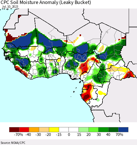 Western Africa CPC Soil Moisture Anomaly (Leaky Bucket) Thematic Map For 7/6/2023 - 7/10/2023