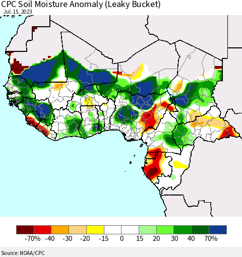 Western Africa CPC Soil Moisture Anomaly (Leaky Bucket) Thematic Map For 7/11/2023 - 7/15/2023