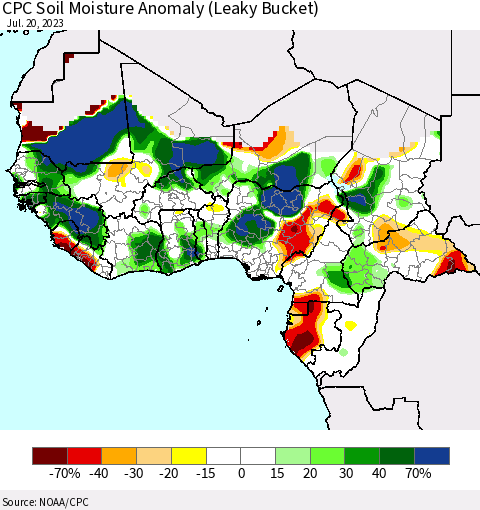Western Africa CPC Soil Moisture Anomaly (Leaky Bucket) Thematic Map For 7/16/2023 - 7/20/2023