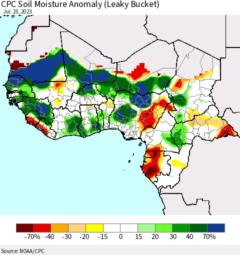Western Africa CPC Soil Moisture Anomaly (Leaky Bucket) Thematic Map For 7/21/2023 - 7/25/2023