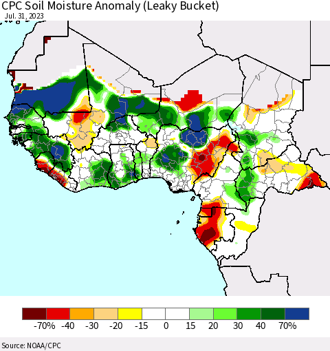 Western Africa CPC Soil Moisture Anomaly (Leaky Bucket) Thematic Map For 7/26/2023 - 7/31/2023