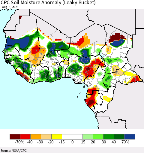 Western Africa CPC Soil Moisture Anomaly (Leaky Bucket) Thematic Map For 8/1/2023 - 8/5/2023
