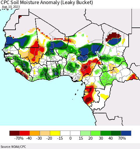 Western Africa CPC Soil Moisture Anomaly (Leaky Bucket) Thematic Map For 8/6/2023 - 8/10/2023
