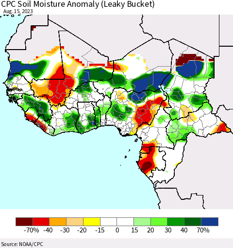 Western Africa CPC Soil Moisture Anomaly (Leaky Bucket) Thematic Map For 8/11/2023 - 8/15/2023