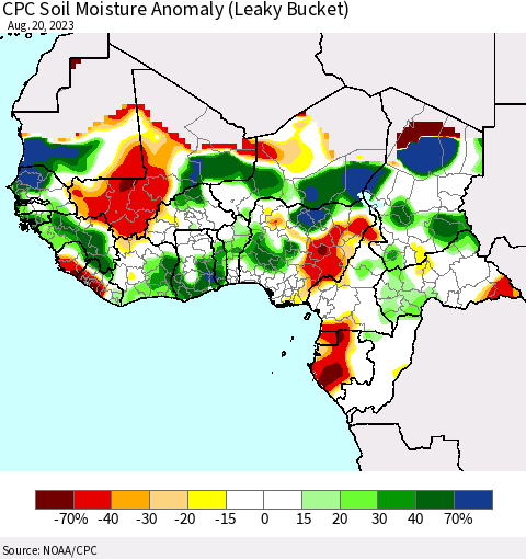 Western Africa CPC Soil Moisture Anomaly (Leaky Bucket) Thematic Map For 8/16/2023 - 8/20/2023