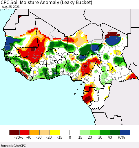 Western Africa CPC Soil Moisture Anomaly (Leaky Bucket) Thematic Map For 8/21/2023 - 8/25/2023