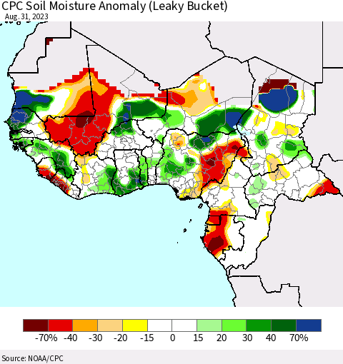 Western Africa CPC Soil Moisture Anomaly (Leaky Bucket) Thematic Map For 8/26/2023 - 8/31/2023