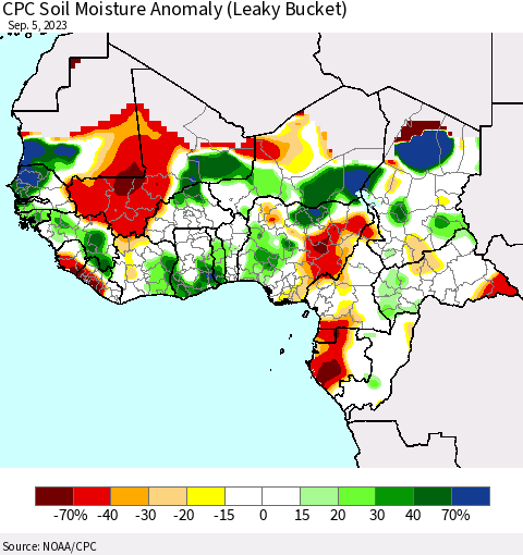 Western Africa CPC Soil Moisture Anomaly (Leaky Bucket) Thematic Map For 9/1/2023 - 9/5/2023
