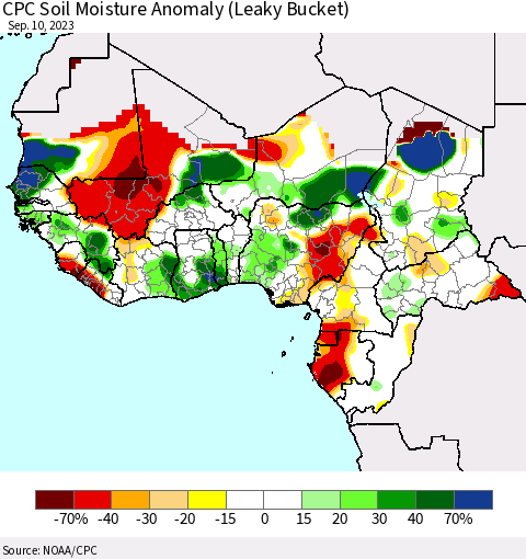Western Africa CPC Soil Moisture Anomaly (Leaky Bucket) Thematic Map For 9/6/2023 - 9/10/2023