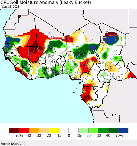 Western Africa CPC Soil Moisture Anomaly (Leaky Bucket) Thematic Map For 9/11/2023 - 9/15/2023