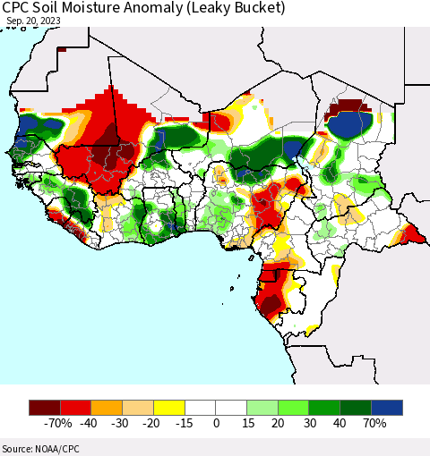 Western Africa CPC Soil Moisture Anomaly (Leaky Bucket) Thematic Map For 9/16/2023 - 9/20/2023