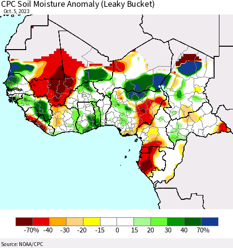 Western Africa CPC Soil Moisture Anomaly (Leaky Bucket) Thematic Map For 10/1/2023 - 10/5/2023