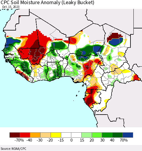 Western Africa CPC Soil Moisture Anomaly (Leaky Bucket) Thematic Map For 10/11/2023 - 10/15/2023