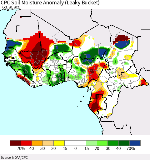 Western Africa CPC Soil Moisture Anomaly (Leaky Bucket) Thematic Map For 10/16/2023 - 10/20/2023