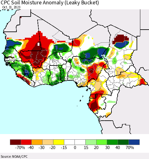 Western Africa CPC Soil Moisture Anomaly (Leaky Bucket) Thematic Map For 10/26/2023 - 10/31/2023